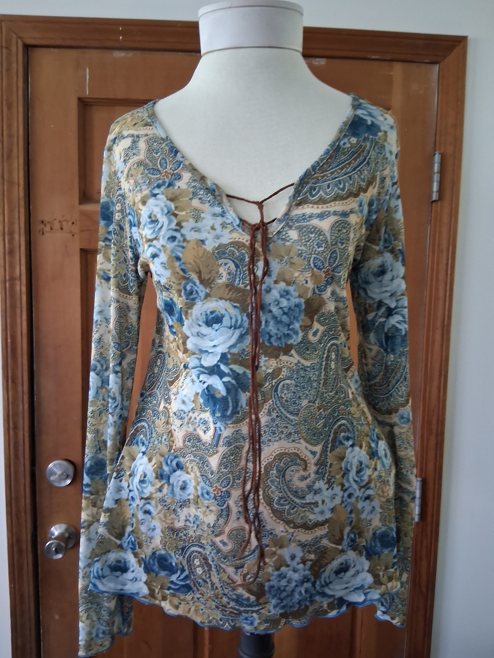 Self Esteem Blue and Tan Paisley Floral Lace-Up Blouse
